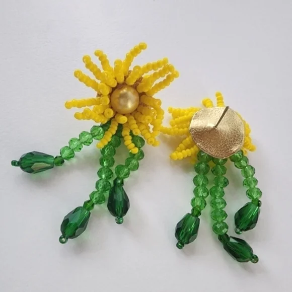 NWT Yellow Seed Beaded Flower Boho Abstract Earrings - Picture 4 of 8